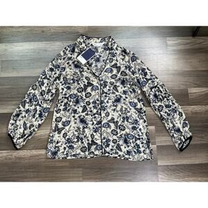 NWT Zara Z1975 Denim Long Sleeve Blouse Top Blue Floral Cream Sz XS Luxury Chic